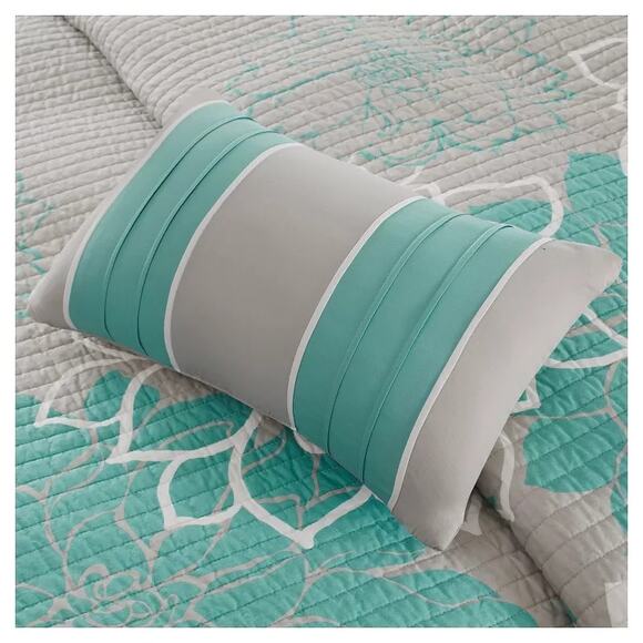 Madison  Park Reversible Floral 6 Piece Coverlet Set Aqua & Gray Full / Queen - Picture 4 of 9